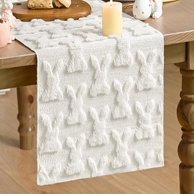 Artoid Mode White Soft Plush Faux Fur Jacquard Bunny Rabbit Easter Table Runner, Seasonal Kitchen Dining Table Decoration for Home Party Decor 13x120 Inch