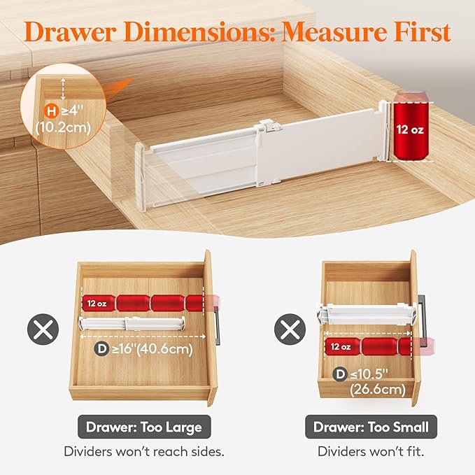 Lifewit 4" Tall 12 Pack Drawer Dividers, 27-42cm/10.5-16.5" Expandable Drawer Divider for Clothes, Adjustable Dresser Drawer Organizers, Drawers Separators for Dresser/Bathroom/Closet/Kitchen White