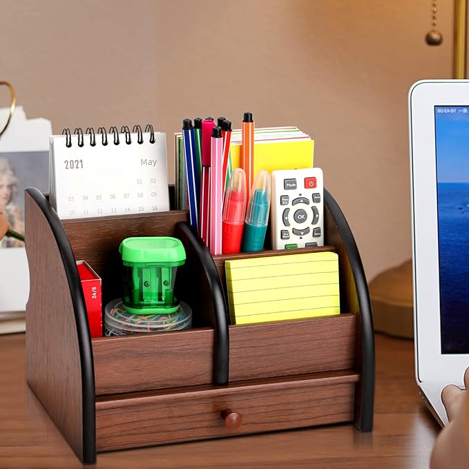 Foraineam Wooden Desk Organizer with Drawer, Remote Control Holder Caddy, Makeup Organizers, Wood Pencil Holder Desktop Supplies and Stationery Rack for Home Office School Tabletop Accessories Storage