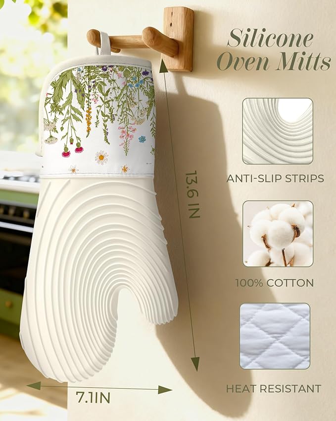 Slohif Long Silicone Oven Mitts Heat Resistant for Women - 2 Pcs Flowers 100% Cotton Oven Gloves, Non-Slip and Waterproof Silicone Oven Mitts with Hanger for Baking and Cooking