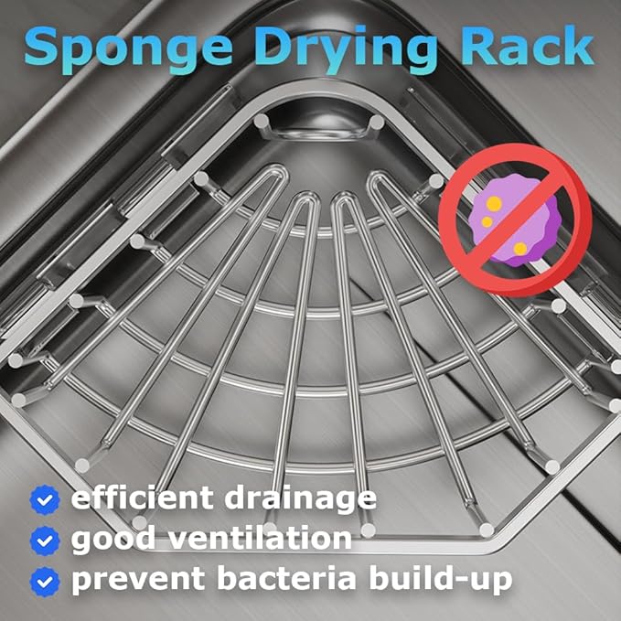 Anjing Kitchen Sink Caddy Corner Sponge Holder Organizer, Stainless Steel Adhesive with 4 Hooks
