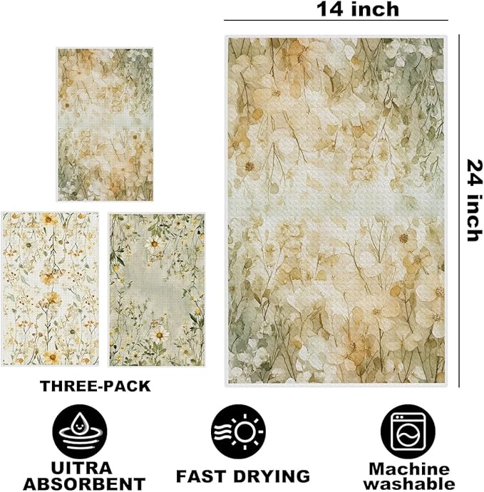 3 Pcs Floral Kitchen Towels, Cottage Core Decorative Absorbent Microfiber Dish Cloth Tea Towel, Durable Waffle Hand Towels for Farmhouse Home Bathroom, Housewarming Gifts for Women