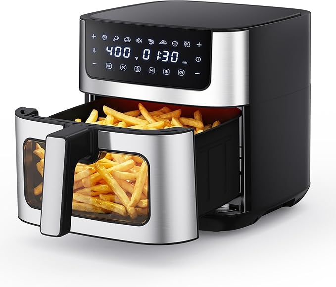 NEWBULIG Air Fryer 6.34QT, Airfryer with Visible Window, 400℉ Fast Heating Air Fryers Oven with Nonstick and Dishwasher-Safe Basket, 8-in-1 Cooking Preset, Timer，Auto-Off, Stainless Steel, Black
