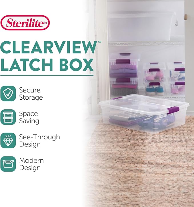 Sterilite 32 Qt ClearView Latch Storage Box, Stackable Bin with Latching Lid, Plastic Container to Organize Clothes Underbed, Clear Base, Lid, 6-Pack