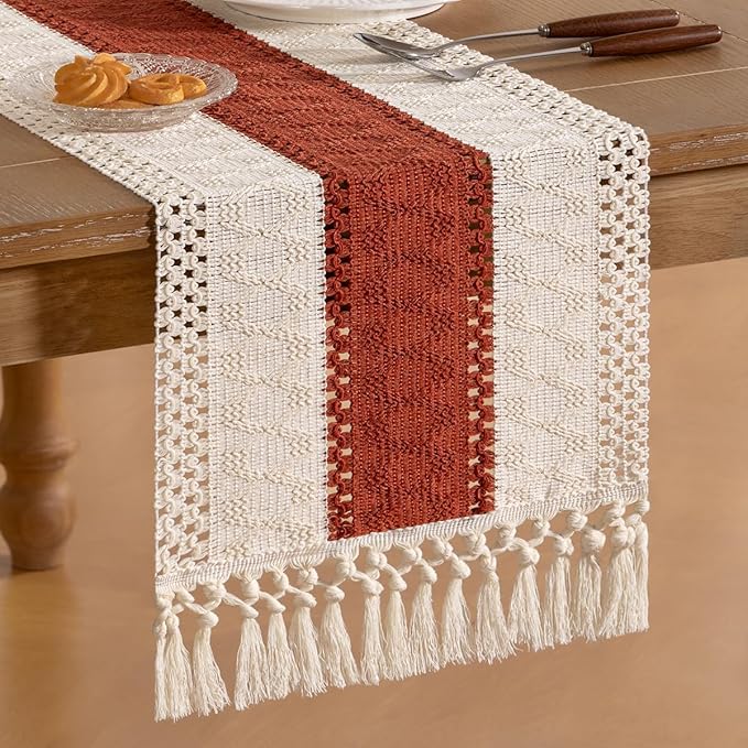 Socomi Boho Table Runner Easter Spring Farmhouse Rustic Dining Kitchen Small Macrame Woven Cotton Linen Coffee Table Runner for Dresser Scarf Home Decor 12x48 inch Terracotta Ivory