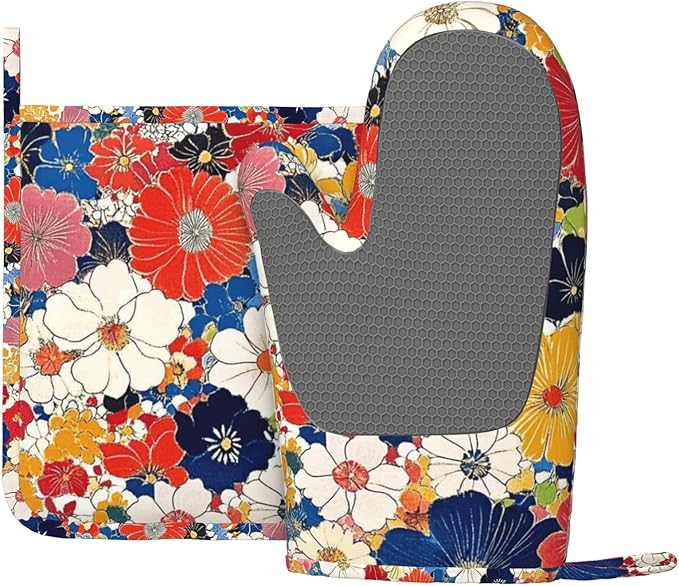 Oven Mitts and Pot Holders Colorful Flower Ethnic Art Silicone Kitchen Accessories Set of 2 Heat Resistant Long Gloves Potholder Non-Slip Grip for Chef Cooking,Baking,Grilling,BBQ