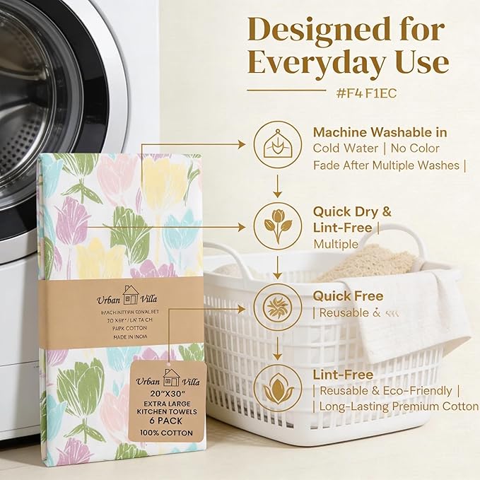 Urban Villa Collection Kitchen Towels Tulip Flowers Multi Color Premium Quality,100% Cotton Dish Towels, Mitered Corners,(Size: 20X30 Inch), Highly Absorbent Bar &Tea Towels - (Set of 6)
