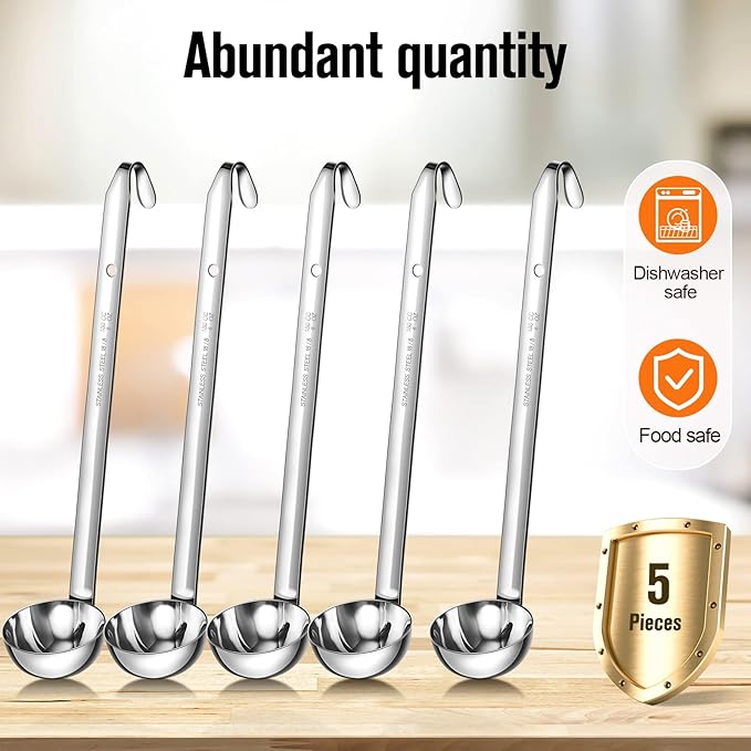 Cunhill 5 Pcs Soup Ladles Stainless Steel Serving Ladles with Long Handle for Serving, Cooking, Stirring, Portioning Kitchen Restaurant Accessories(6 oz)