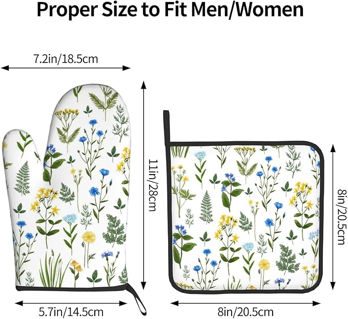 Blue Yellow Green Floral Oven Mitts & Pot Holders Sets of 3, Heat Resistant Sky Blue Teal White Flowers Kitchen Gloves and Hot Pads for Cooking Baking Grilling, Baking Gifts for Women, Kitchen Decor