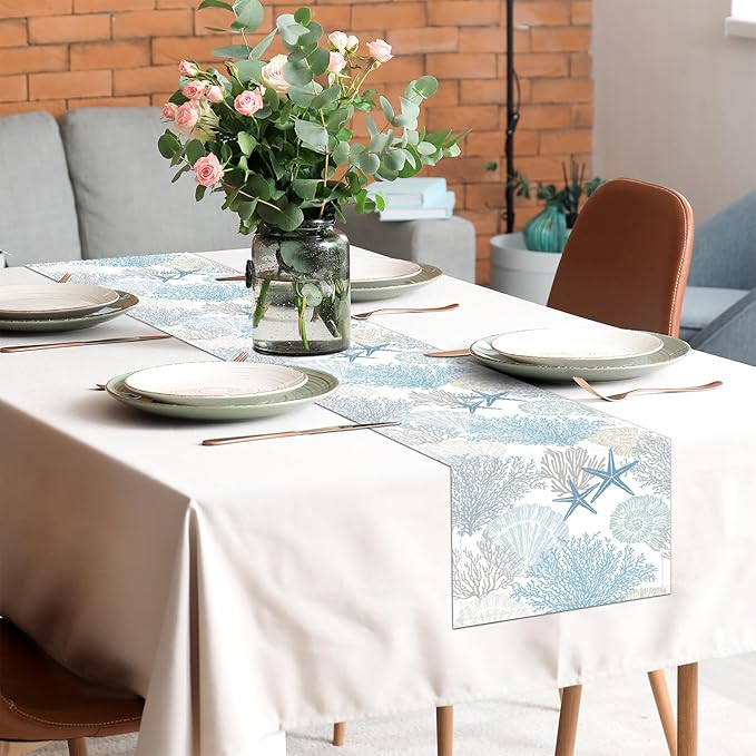 Linen Coastal Table Runner 13x71 Inch Blue Teal Summer Beach Nautical Table Runners Modern Kitchen Dining Table Decorations Rustic Coffee Table Dresser for Home Holiday Party Decor (Blue71)