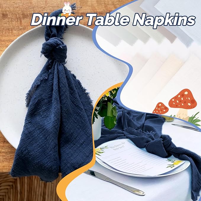 Showgeous 10 Pack Navy Blue Cloth Napkins with Fringe 16x16 inch 100% Cotton Blue Napkins Handmade Dinner Napkins Bulk Washable Soft Rustic Table Napkins for Wedding Parties Bridal Baby Shower