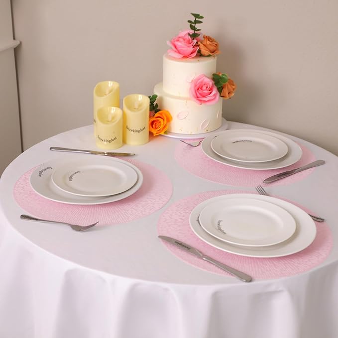 Snowkingdom Pink Easter Placemats Set of 8, Vinyl Hollow 15 Inch Light Pink Spring Round Place mats, Easy Clean Washable Wipeable Dining Table Mats for Mothers Day Wedding Christmas Party Decoration