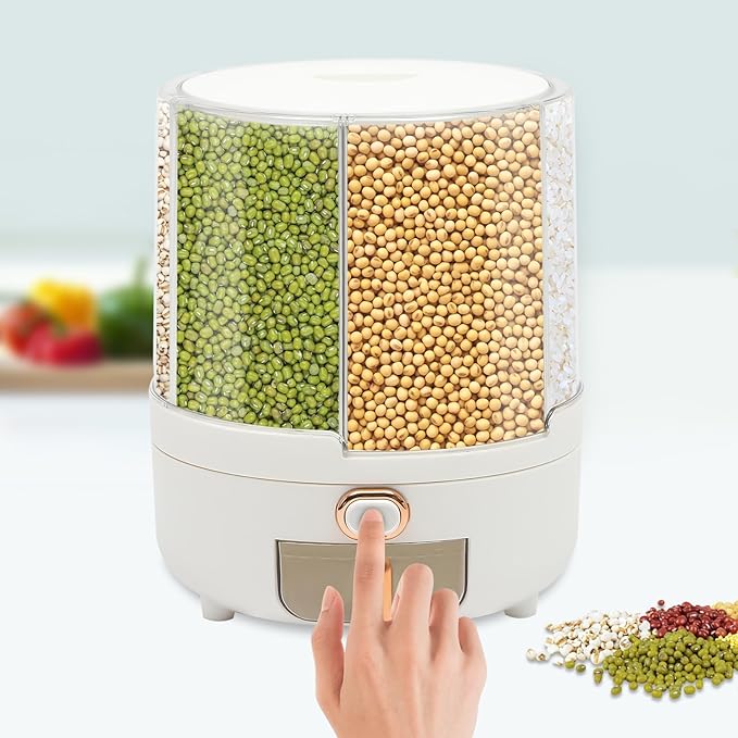 Cereal Dispenser Countertop 360° Rotating Grain Storage Container 13.2-27.56 Lbs Rice Dispenser 6 Grids Dry Food Dispenser Candy Dispensers for Grains, Beans, Rice (White+Clear, 14.33Lbs)