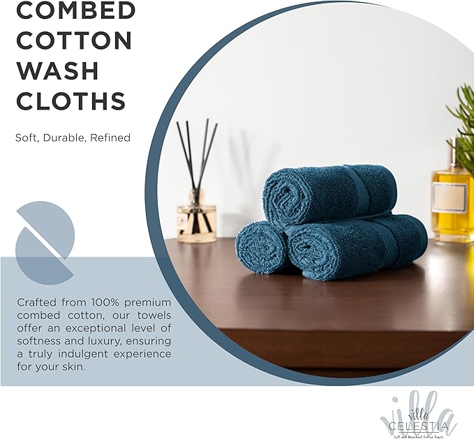 100% Cotton Wash Cloth for face & Body Set of 6, (12 x 12 inches) Sustainable, Soft, Highly Absorbent, Combed Cotton Wash Cloths Pack of 6 for Hotels, Spa, Bathroom, Dorm, Blue