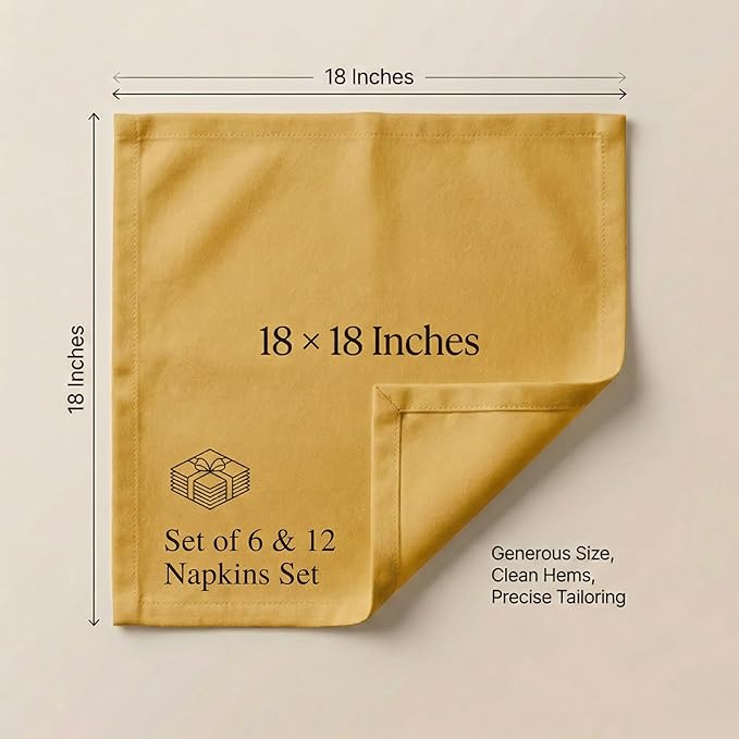 Accent Home 100% Cotton Napkins, Delicate Cloth Napkins for Dinners, Parties and Weddings，18 x 18 Inch Set of 12 - Mustard