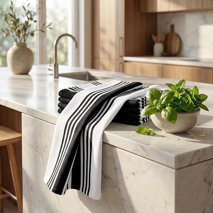 Urban Villa Kitchen Towels 100% Cotton Dish Towels for Kitchen (Set of 6)20”x30” Dish Cloths Highly Absorbent Kitchen Linen Set with Hanging Loop Perfect for Drying Dishes Cleaning Towels-Black White