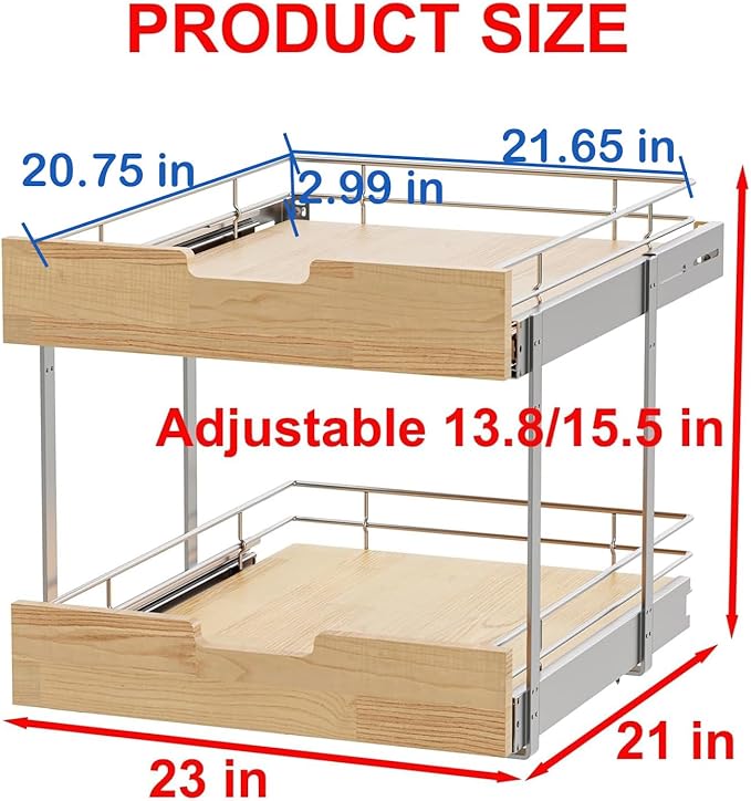 Sikarou Pull Out Cabinet Organizer,Heavy-Duty Slide Out Shelf, Wood and Wire Basket, Pull Out Drawer for for Kitchen Under Sink Space, Pantry, Bathroom, 2 Tie 23 * 21 in