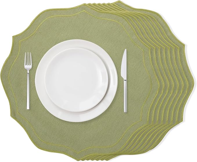 Set of 8 Cotton Linen Placemats, 15x15 Round Scalloped Cloth Table Mats, Embroidery Machine Washable, Wrinkle Resistance Fabric Place Mats for Wedding Summer Baby Shower Party Table Decor-Green