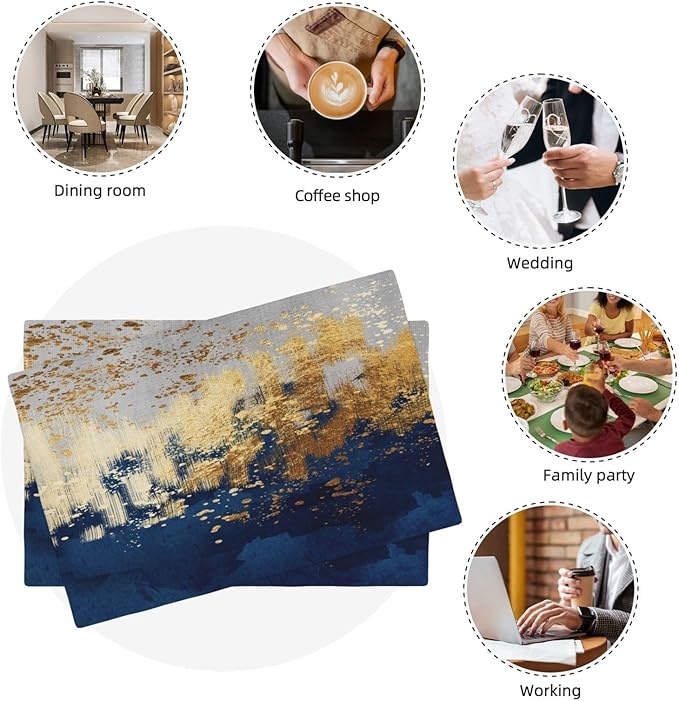 Navy Blue and Gold Splash Patterned Linen Placemats Set of 4, Washable Non-Slip Heat-Resistant Luxury Abstract Blue Gold Table Mats for Kitchen Dining Table Home Party Wedding Farmhouse, Home Decor