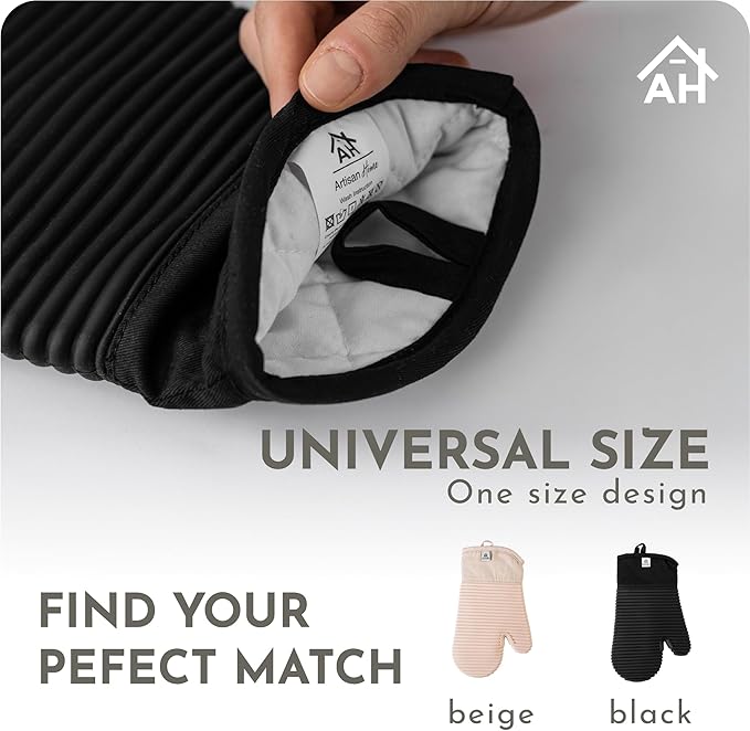 Extra Long Silicone Oven Mitts | Heat Resistant 500°F BPA-Free Food Grade Silicone Kitchen Mittens | 2-Piece Set of Oven Gloves Kitchens- Black