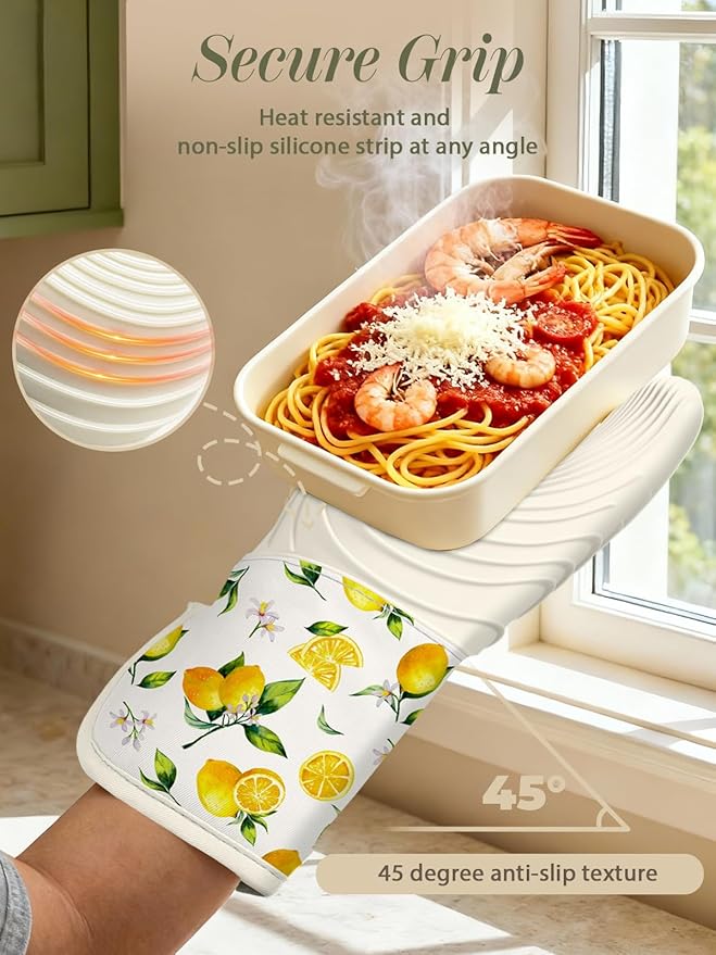 Slohif Long Silicone Oven Mitts Heat Resistant for Women - 2 Pcs Lemon 100% Cotton Oven Gloves, Non-Slip and Waterproof Silicone Oven Mitts with Hanger for Baking and Cooking