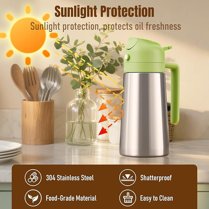 PARACITY Oil Dispenser Bottle with Stainless Steel Shell & Ceramic Sprayed Interior, 2 in 1 Olive Oil Sprayer and Dispenser, Oil Spray Bottle for Cooking, Kitchen, BBQ, Air Fryer, Salad, Baking(Green)
