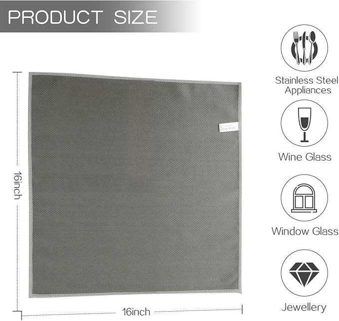 SINLAND Microfiber Glass Cleaning Cloths Wipes for Window, Car Windows, Mirrors, Eye Glass, Lens and Stainless Steel, Lint Free, Streak Free, 6-Pack, 16x16 Inch, Grey