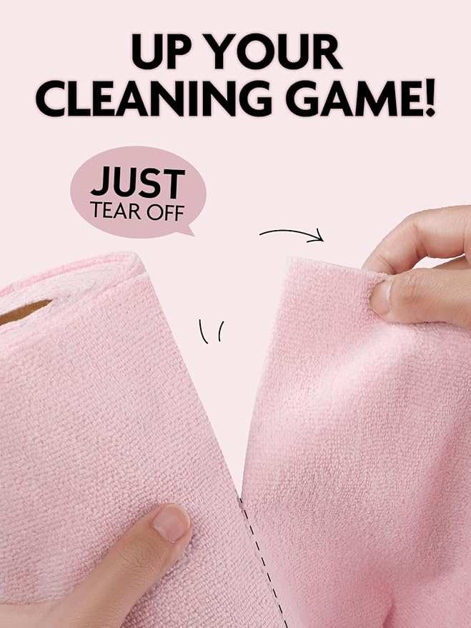 Fantasticlean Tear-Away Dish Cloth- 80 Sheets, 4 Rolls - 10'' by 10'', Reusable Washable Kitchen Towels, Super Absorbent Microfiber Cleaning Cloths (Pink,Blue,Tan,Moss Green)