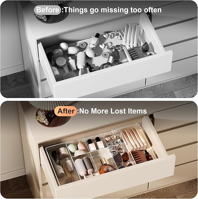 Acrylic Expandable Desk Drawer Organizer with 11 Adjustable Compartments and 6 Removable Dividers Desk Accessories for Office Kitchen Bathroom Makeup and Utensil Junk Storage (Clear, 1Pc)