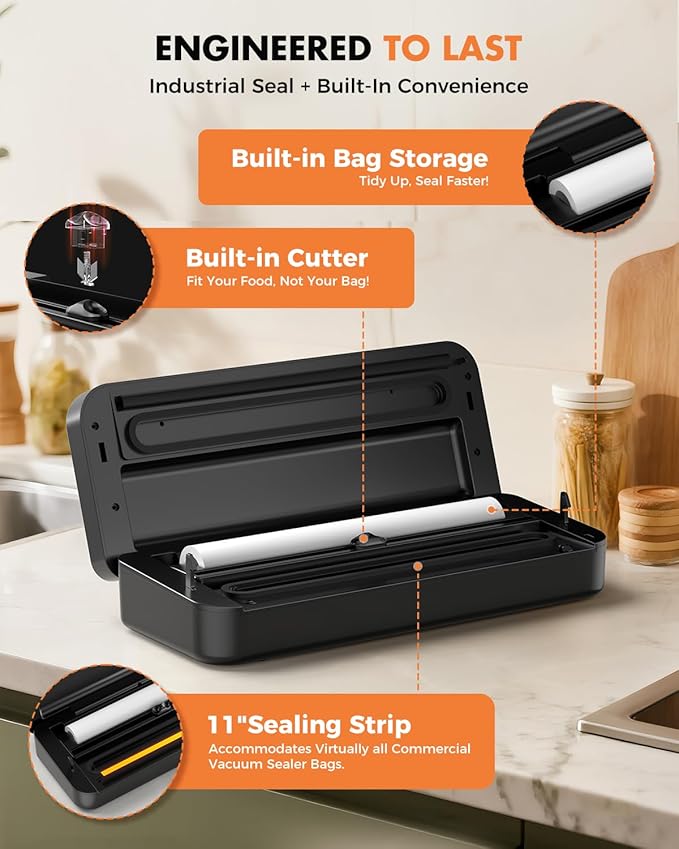 Vacuum Sealer for Food, 95kPa Food Saver Vacuum Sealer Machine, 135W Fast-Sealing with Easy Tear Cutter, Built-in Bag Storage, 9-in-1 Compact Food Vacuum Sealer Machine with 10 ft Bag Roll