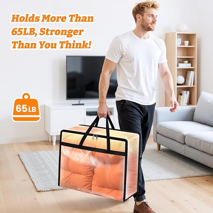BlissTotes 8 Pack Clear Clothes Storage Bags, Moving Bags, Foldable Blanket Storage Under Bed Storage Containers with Sturdy Zipper and Handle for Clothing, Comforter, Bedding, Sheet (40L)
