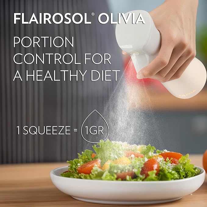 OLIVIA Signature Oil Sprayer for Cooking, 200ml Glass Olive Oil Sprayer, Continuous Cooking Spray with Portion Control, Oil Dispenser for Kitchen, Air Fryer, Salad, BBQ (White Bottle, Gold Print)