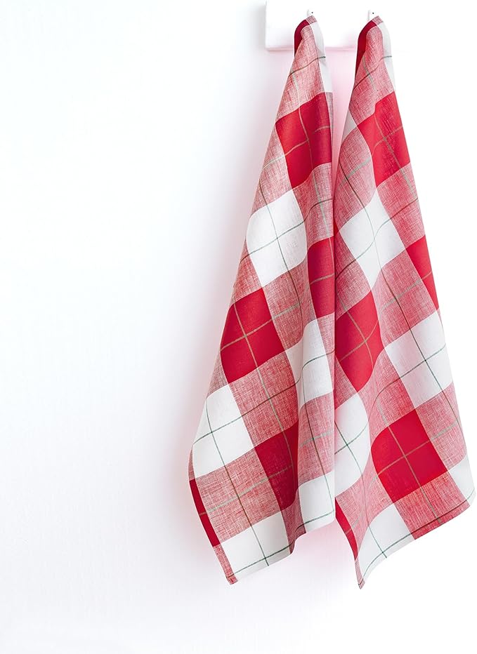 Solino Home Linen Kitchen Towels 17 x 26 Inch - 100% Pure Linen Red and White Very Merry Tartan Plaid Kitchen/Tea Towels Set of 2 - Handcrafted and Machine Washable