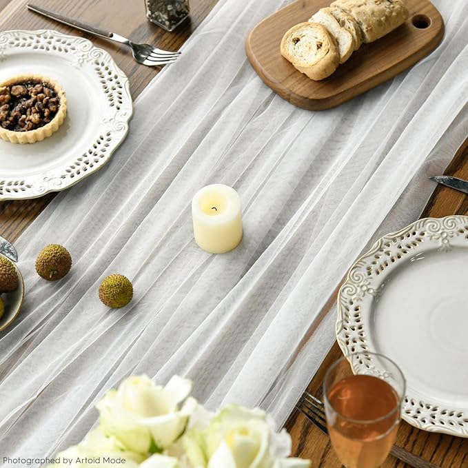Artoid Mode Ivory Gauze Table Runner 120 Inch 10FT, Seasonal Sheer Kitchen Dining Holiday Wedding Birthday Baby Shower Table Decor for Home Party