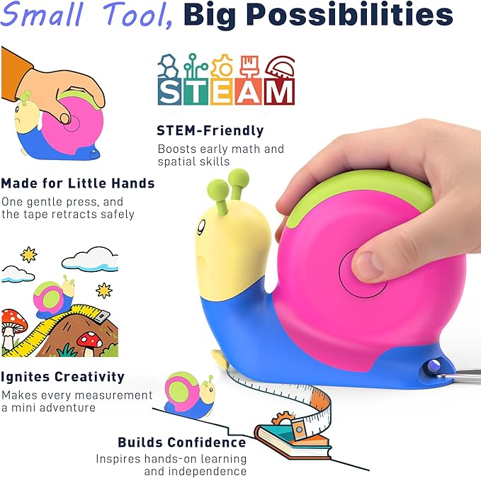 8ft Kids Tape Measure, STEM Educational Tool with Level, Protractor and Eraser, Retractable Snail Shaped Measuring Tapes, Child-Safe Stocking Stuffers Gift for Boys & Girls 3+, Double Green