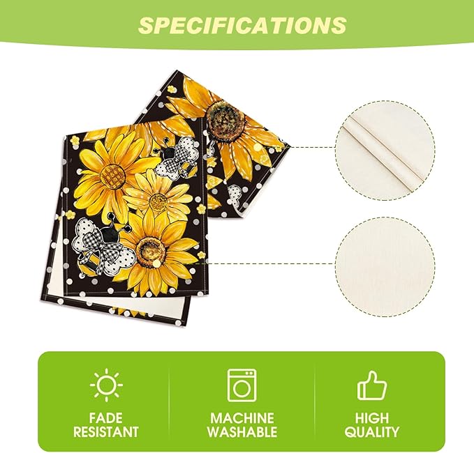 Artoid Mode Black Sunflower Bee Flower Polka Dot Summer Table Runner, Seasonal Kitchen Dining Table Decoration for Indoor Party Home 13x72 Inch