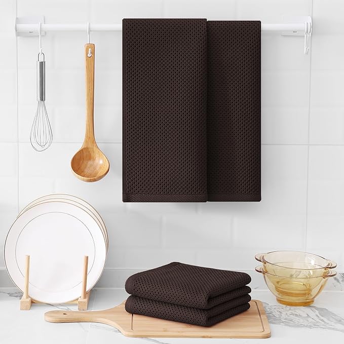 Kitinjoy 100% Cotton Waffle Weave Kitchen Hand Towels (13 X 28 Inches, Dark Brown), 4-Pack Super Soft and Absorbent Dish Towel for Drying Dishes