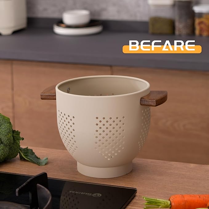 BeFare Metal Colander with Wood Handle and Stable Base, Powder Coated Steel Kitchen Strainer Basket for Draining Pasta, Vegetable and fruit (3quart,Sandyellow)