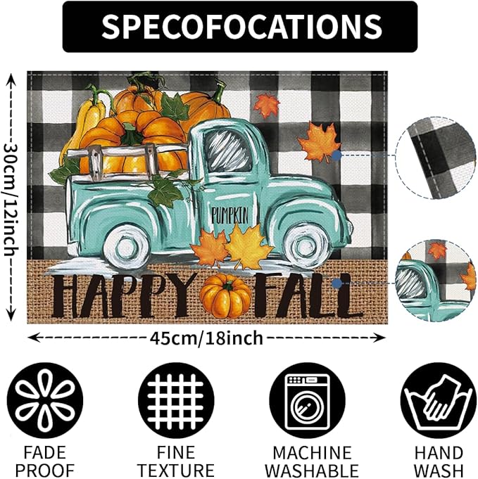 Niviy Buffalo Plaid Check Pumpkins Truck Thanksgiving Fall Placemats Set of 4, 12x18 Inch Autumn Table Mats for Holiday Party Kitchen Dining Room Decoration