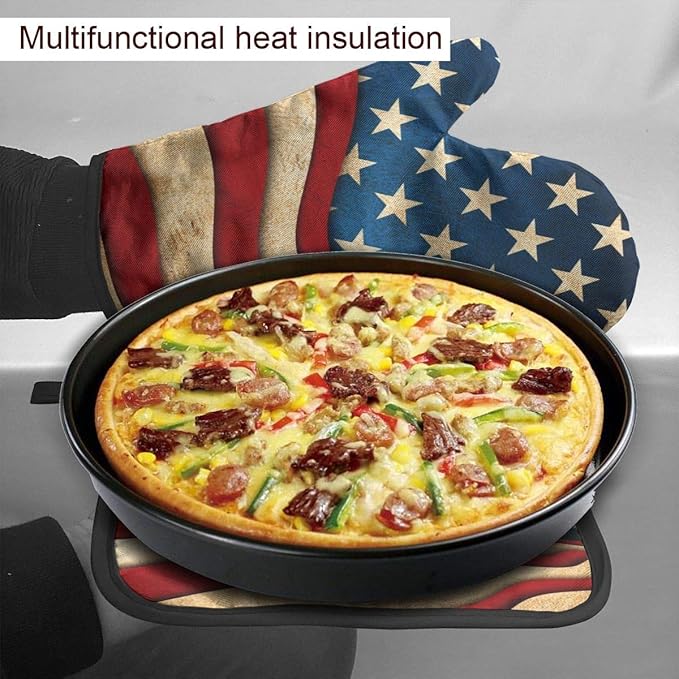 Retro American Flag Oven Mitts and Pot Holders Sets Heat Resistant Kitchen Oven Gloves Non-Slip for Safe BBQ Cooking Baking Grilling Set of 2