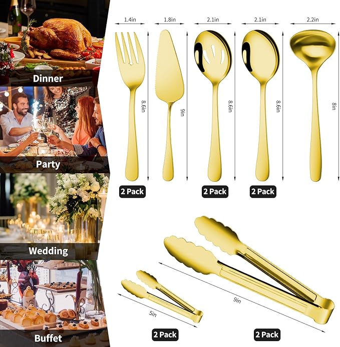 Gisly Gold 12 Pieces Serving Utensils Include Large Serving Spoons,Slotted Serving Spoons,Serving Forks,Serving Tongs,Appetizers Tongs,Soup Ladle and Pie Cake Server for Buffet Catering