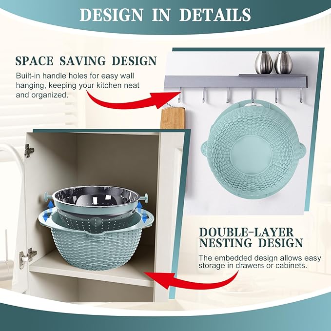 4-1 Colander with Bowl Set - Strainers for Kitchen(Patented), Food Strainers and Colanders, Pasta Strainer with New Upgraded Graters for Fruit, Veggie Washing, Aesthetic Cooking Present - Blue