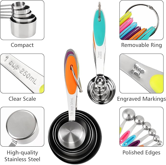 Accmor Stainless Steel Measuring Cups and Spoons Set, 11 Piece Metal Stackable Tablespoons Measurement kit for Cooking & Baking, Nesting Kitchen Gadgets Utensils for Dry or Liquid Ingredients