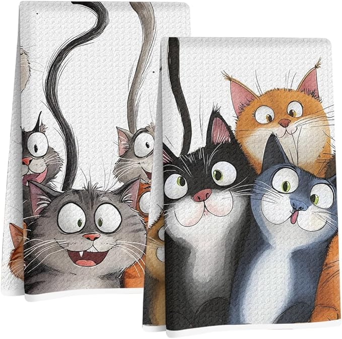 2 Pcs Cute Cat Kitchen Towels, Cats Soft Absorbent Hand Tea Towel, Microfiber Dish Cloths for Drying Dishes, Waffle Dish Towels for Kitchen Home Bathroom Decor, Cat Lover Gifts for Women Mom