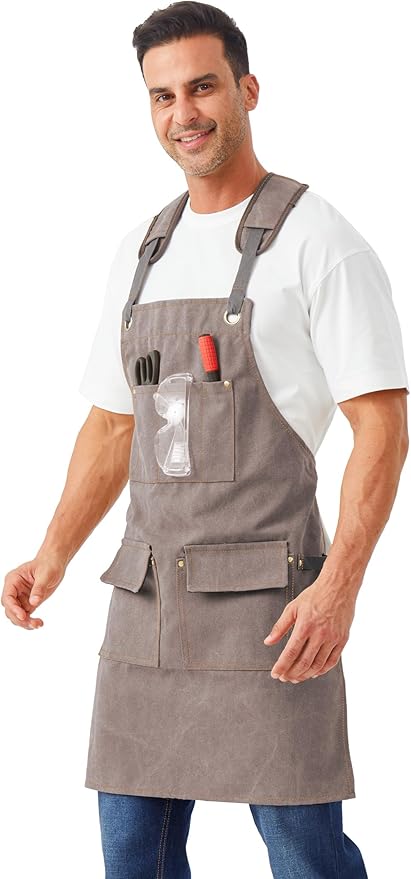 Nanxson Woodworking Apron for Men,Canvas Work Tool Apron Cross Back with Multi-Pockets Waterproof for Carpenter Woodworker