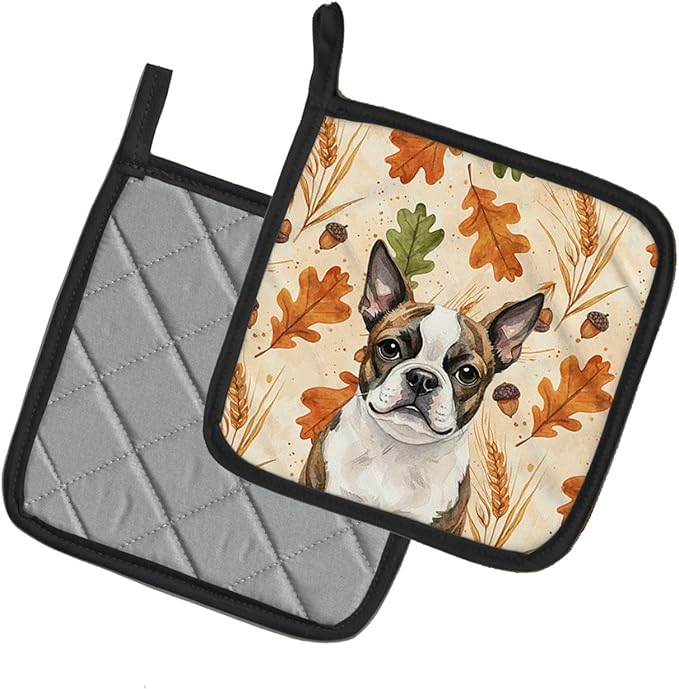 Caroline's Treasures Brindle Boston Terrier Heirloom Fall Pair of Pot Holders Pair 7.5x7.5 Quilted Insulated Hot Pads Decorative Kitchen Gift Made in USA