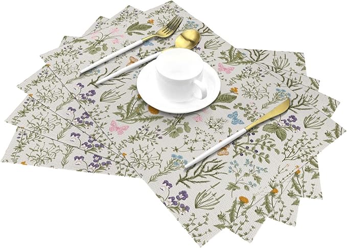 Vintage Wildflowers Placemats Set of 4, Herbs Plants Dining Table Mats, Washable Cute Botanic Spring Summer Sage Green Place Mats for Kitchen Dinner Parties Decor12 x18