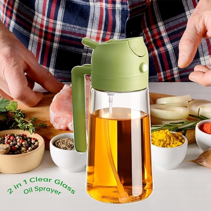 3 Pack 16oz/470 ml Olive Oil Dispenser Bottle 2 in 1 Clear Glass Oil Sprayer and Container Refillable Vinegar Dispenser with Automatic Cap Portable Spray Bottle for Cooking Baking Green