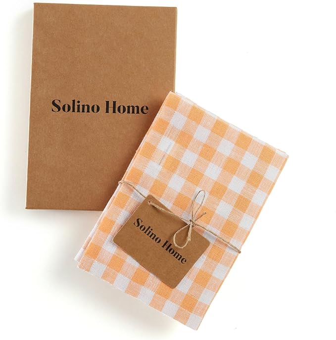 Solino Home Linen Kitchen Towels Set of 2 - Sunny Orange 17 x 26 Inch - 100% Pure Linen Gingham Check Kitchen/Tea Towels - Machine Washable and Handcrafted from European Flax