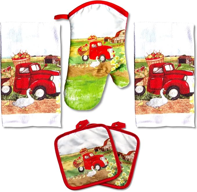 Lobyn Value Packs: 5 Piece Kitchen Towel Set with Vintage Red Truck Design, 2 Decorative Dish Towels (25 X15), 1 Oven Mitt (11 X 7) and 2 Potholders (6.5 X 6.5) for Countryside Elegance